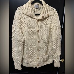 Sears Vintage Mens Cream Fisherman Knit Sweater Cardigan Cabincore Scandinavian